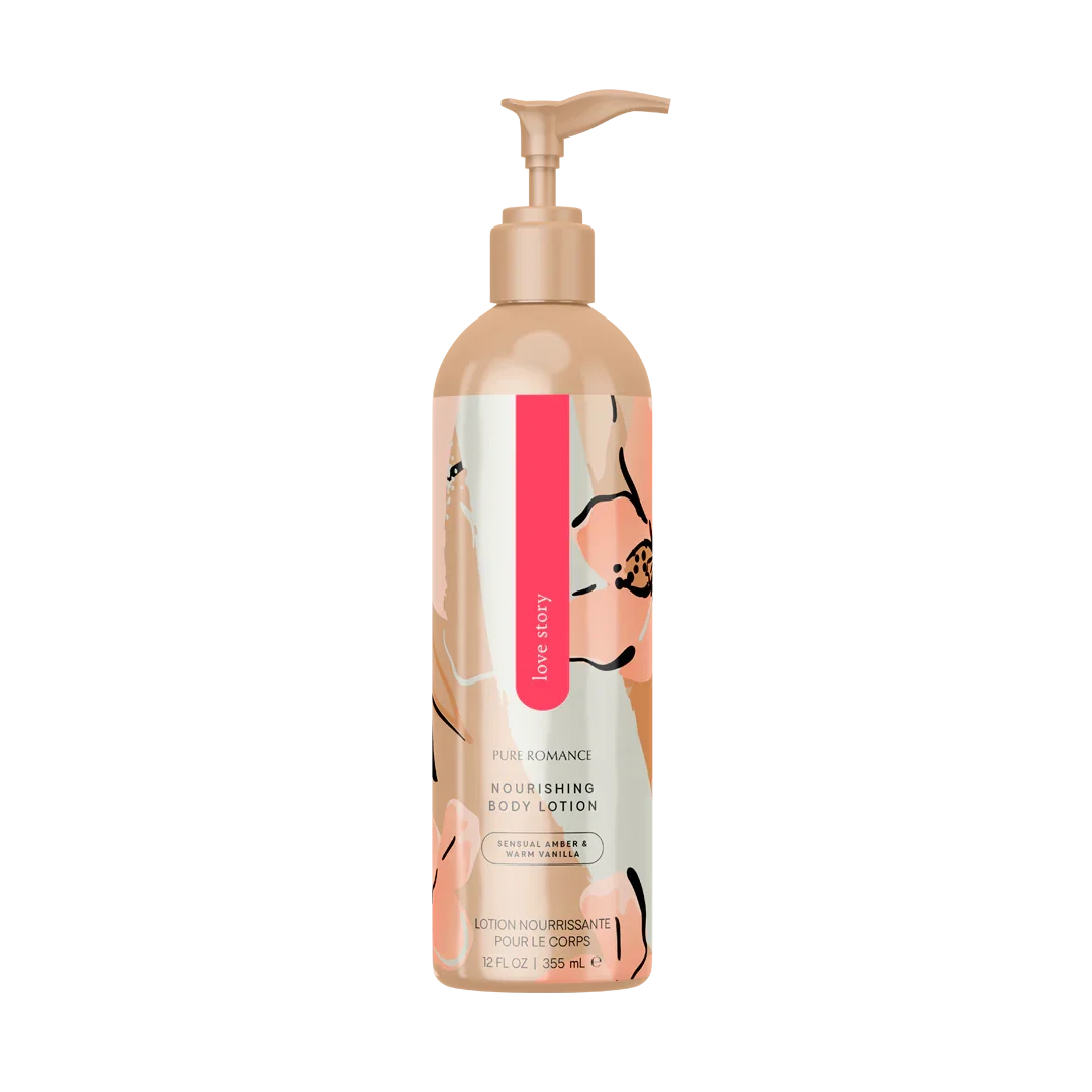 Nourishing body lotion bottle labeled 'Love Story' with floral design, amber and vanilla scent