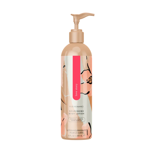 Nourishing body lotion bottle labeled 'Love Story' with floral design, amber and vanilla scent