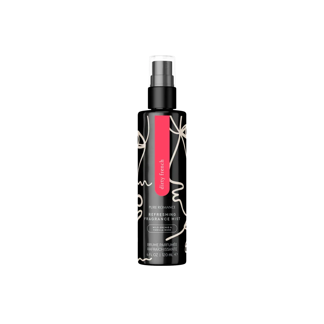 Black bottle of Pure Romance Dirty French fragrance mist with pink accent, isolated on white