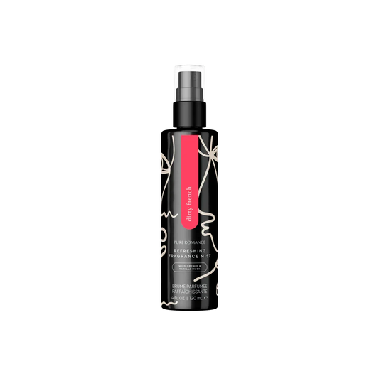 Black bottle of Pure Romance Dirty French fragrance mist with pink accent, isolated on white