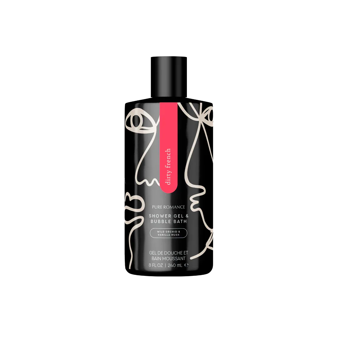Black bottle of Pure Romance shower gel and bubble bath with abstract face design, 240ml