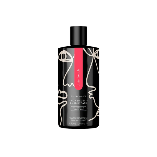 Black bottle of Pure Romance shower gel and bubble bath with abstract face design, 240ml