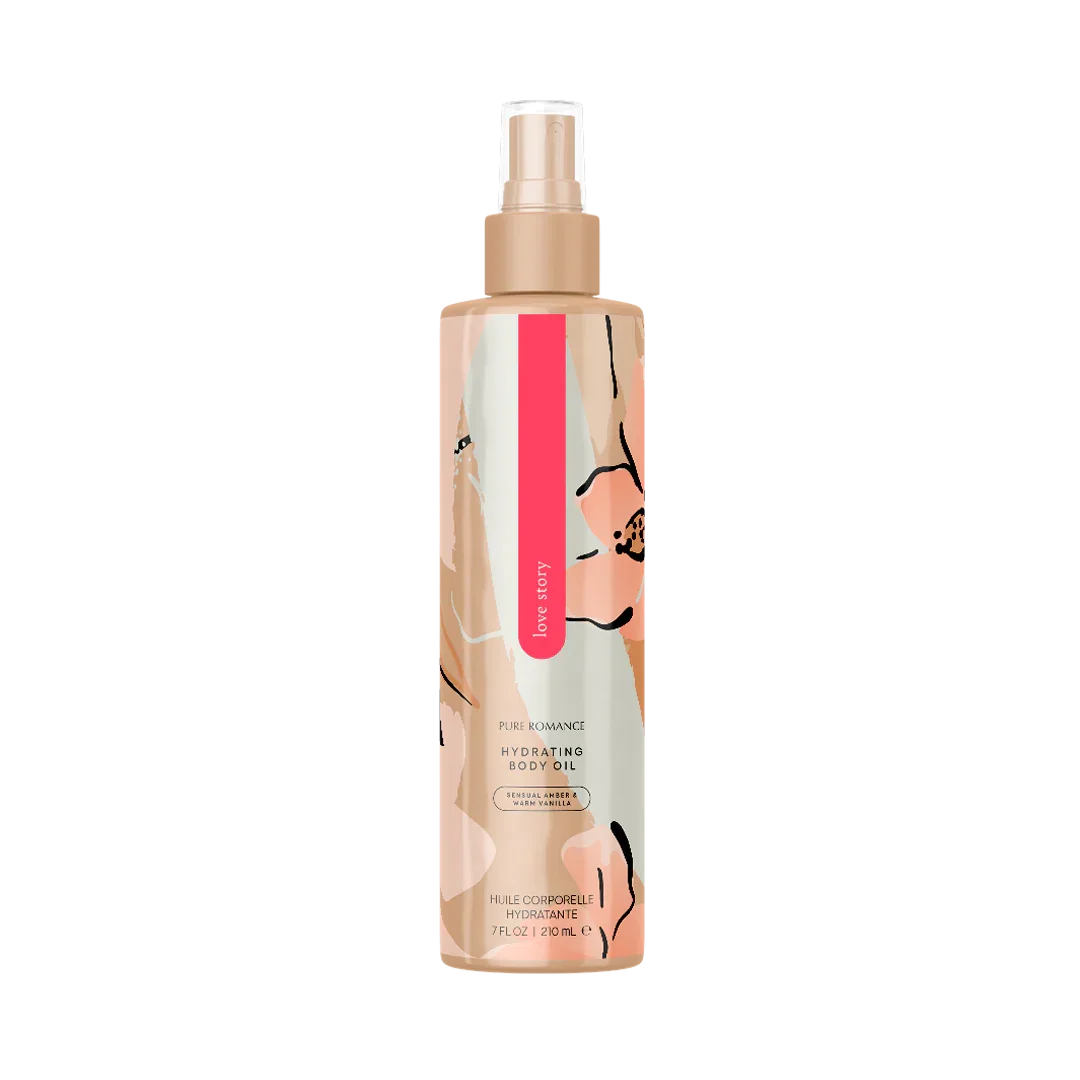Hydrating body oil spray with floral design, sensual amber and vanilla scent, 7 fl oz