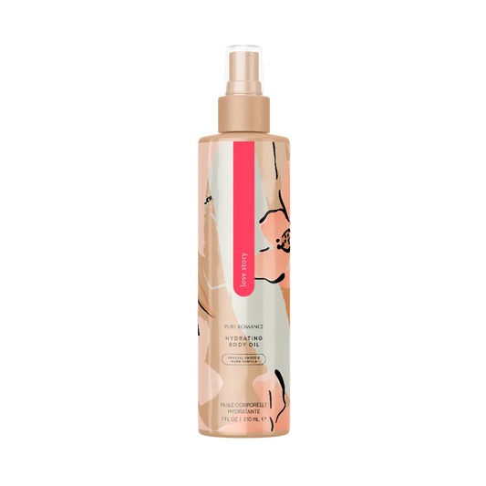 Hydrating body oil spray with floral design, sensual amber and vanilla scent, 7 fl oz