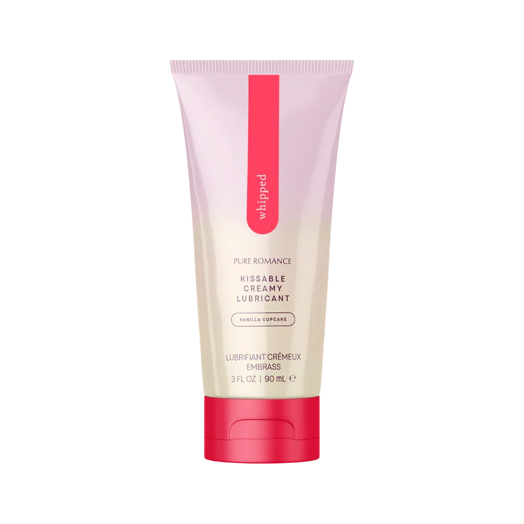 Tube of whipped kissable creamy vanilla lubricant, 3 fl oz, on white background.