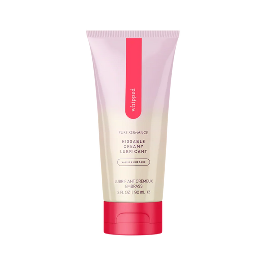 Tube of whipped kissable creamy vanilla lubricant, 3 fl oz, on white background.